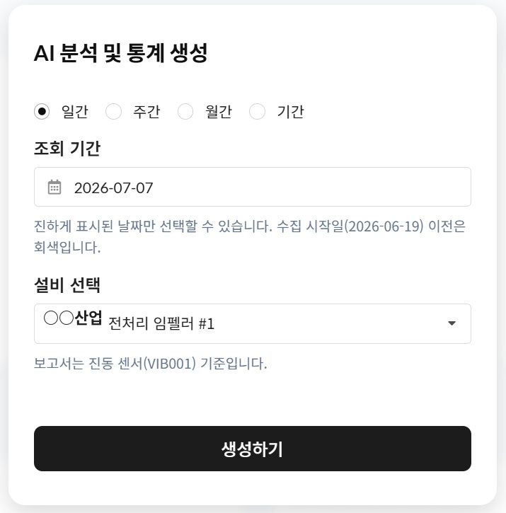 AI 분석 및 통계 생성 팝업 — 일간·주간·월간·기간 선택, 조회 기간, 설비 선택